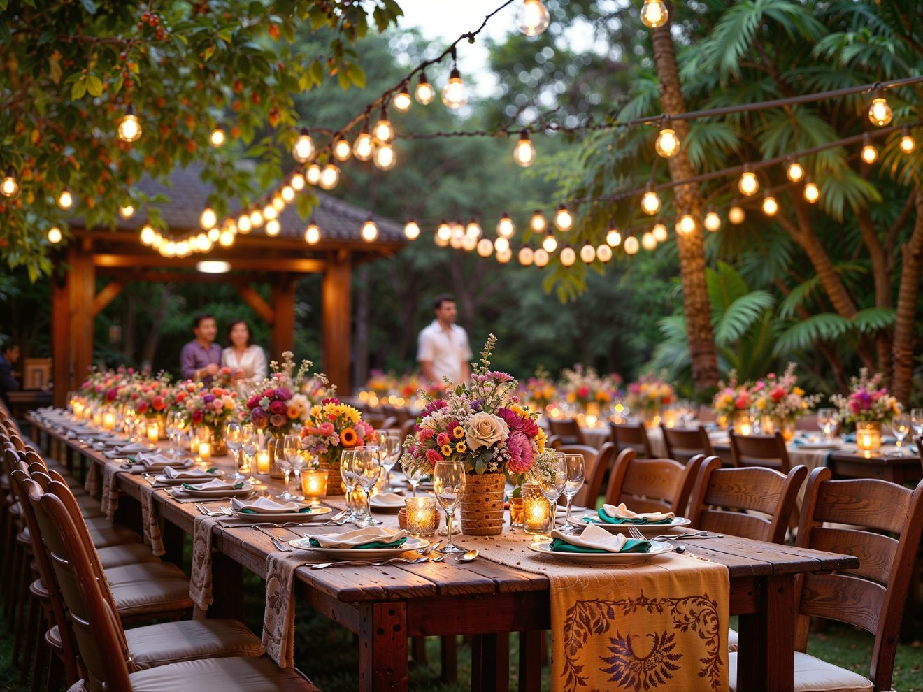 Long dinner table under string lights